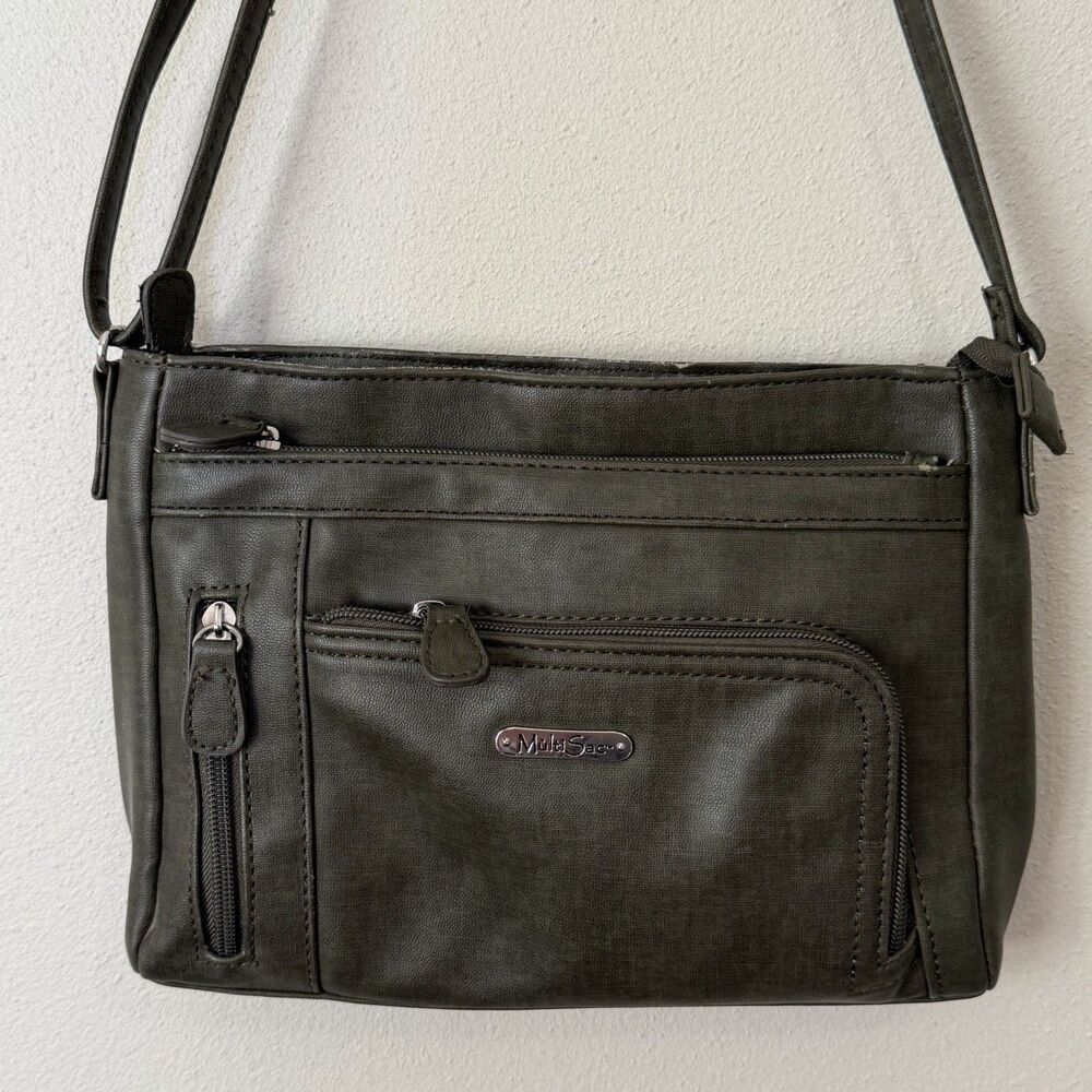 MultiSac Olive Green Multi Zip Pocket Crossbody Bag Purse Daily Organizer Bag